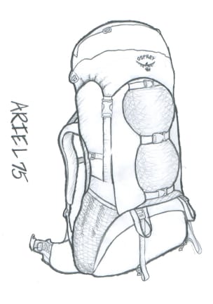 Schwarze Bleistiftskizze des Rucksacks Ariel 75. Der Rucksack verfügt über drei horizontale Kompressionsgurte auf der Vorderseite des Hauptmaterials, zwei Schlaufen für die Befestigung von Ausrüstung am unteren Teil und einen Deckel, der mit Schnallen über dem Hauptmaterial befestigt wird.