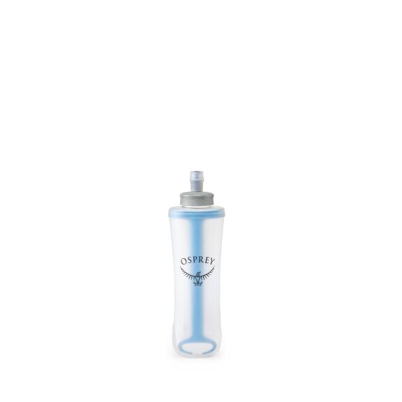 The image features a translucent, flexible water bottle designed for easy hydration. The bottle is predominantly clear with a grey cap, and it has a bite valve for drinking. The logo "OSPREY" is prominently displayed in black on the front, accompanied by 