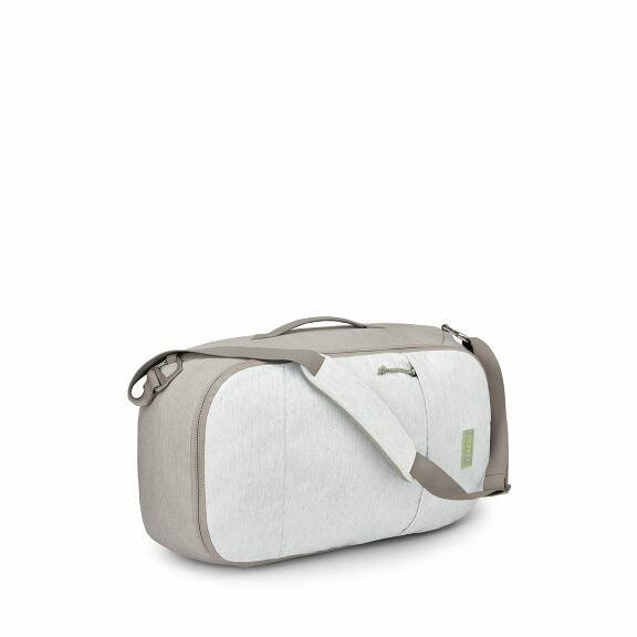 The image sequence shows a backpack from different angles, gradually revealing its contents. The backpack is mostly gray with a light gray front panel and has a shoulder strap and a zippered pocket. As the sequence progresses, the backpack's main compartm