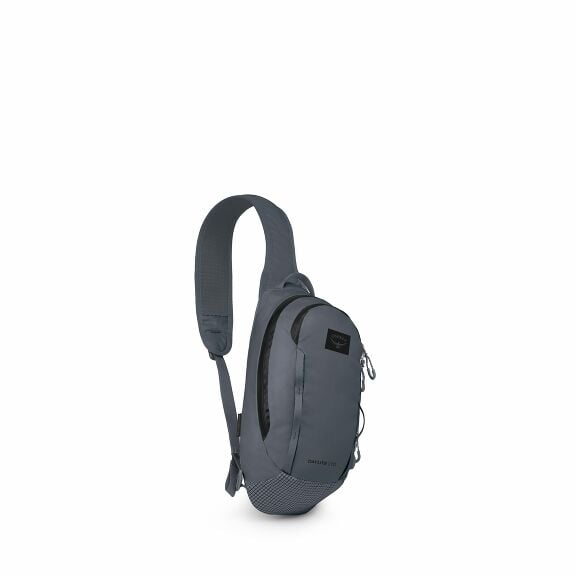 The images show various parts of a sling-style backpack by Osprey. The primary image presents the backpack fully assembled, featuring a single strap that allows it to be worn diagonally across the body. The backpack appears to have a sleek, compact design