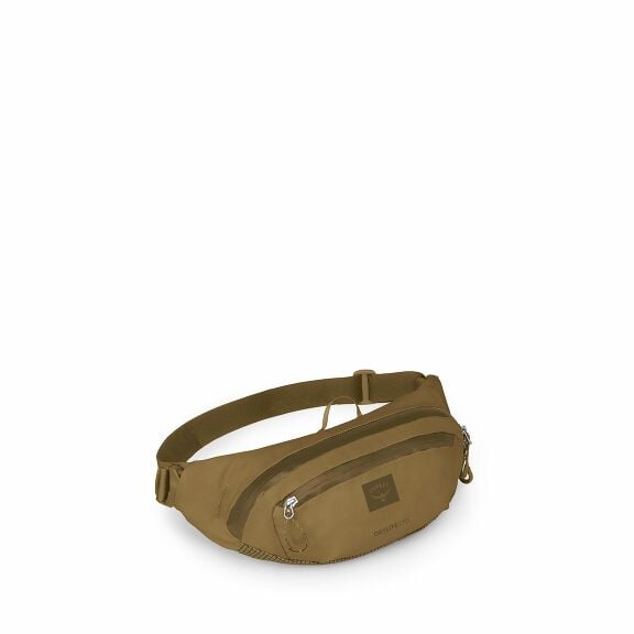 The images display a brown waist pack, commonly known as a fanny pack or bum bag, from various angles. The pack features a main compartment with a zipper, a smaller front pocket with another zipper, and an adjustable strap that allows it to be worn around