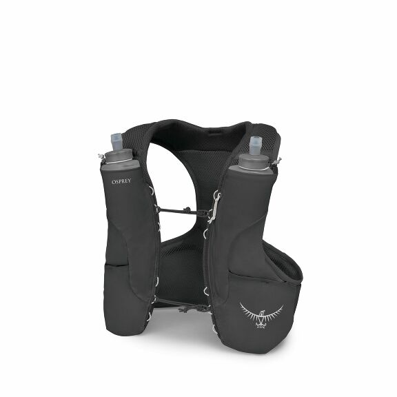 The image shows a black hydration vest from the brand Osprey, designed for outdoor activities like running or hiking. The vest features two front compartments, each holding a soft flask bottle with a drinking spout. The design of the vest is minimal and e