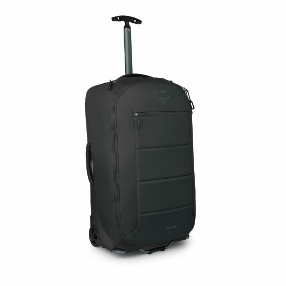 The image depicts a sleek black rolling suitcase, branded with "Osprey" and "Ozone" logos. It features a retractable handle and is designed with a streamlined exterior, including vertical padded panels for durability and style. The suitcase is standing up