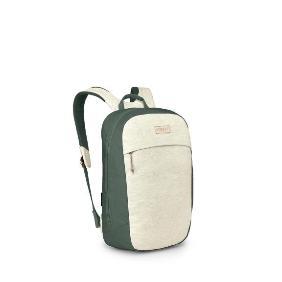 The images show a modern Osprey daypack in a two-tone color scheme of sage green and light heathered cream. It has a streamlined silhouette with a large main zip compartment and a front zip pocket beneath a curved flap. Padded shoulder straps, a small top