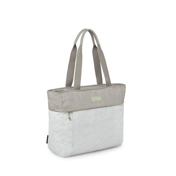 The image displays a tote bag with a simple, two-tone design. The upper portion of the bag is in a light taupe color, while the lower section is a soft gray. The bag features two sturdy handles for carrying and has a green zipper on the top for closure. T
