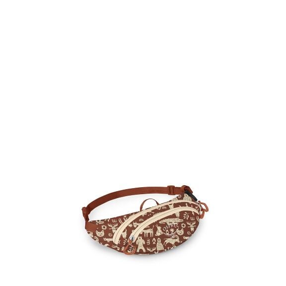 The image displays a vibrant pink and gray Osprey fanny pack, a compact waist bag designed for carrying essentials. The fanny pack features a main zippered compartment and a smaller front zippered pocket, allowing for organized storage. The brand name "Os