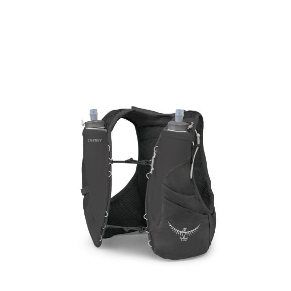 The image features an Osprey branded hydration vest designed for active outdoor activities such as running or hiking. It is primarily black with the Osprey logo visible on the front. The vest includes two front pockets each holding a soft water bottle wit