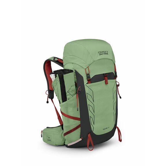 Green Osprey Talon 33 backpack with red accents, featuring adjustable straps, multiple pockets, and a sleek, functional design.