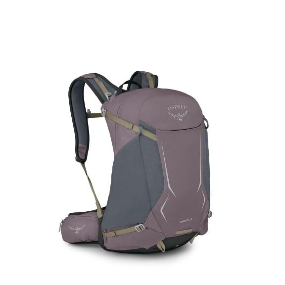 The image displays a hiking backpack made by Osprey, specifically the Hikelite 26 model. The backpack is predominantly a muted purple color with some darker gray accents. It features adjustable shoulder straps and a waist belt, providing ergonomic support