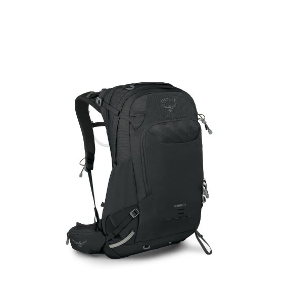 The image displays an Osprey Manta 24 backpack, designed for outdoor use, featuring a sleek, modern design in black. It has multiple compartments and pockets for storage and organization, with a front panel and side zipper openings. The backpack includes 