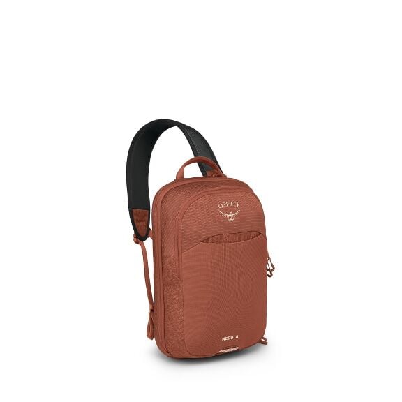 The image features a teal and gray Osprey backpack, specifically the Nebula model. The backpack has a sleek design with a large main compartment and a front pocket with a zipper, accented by different textures and shades of fabric. The shoulder straps are