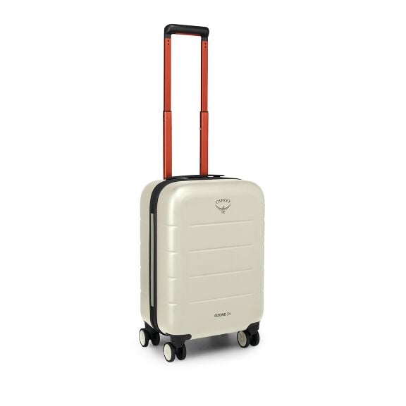 The images show a compact hard-shell carry-on suitcase with a cream-colored body and four double spinner wheels. It has a telescoping handle in a striking red color with a black grip. The Osprey logo and the text "Ozone 34" are printed on the front of the
