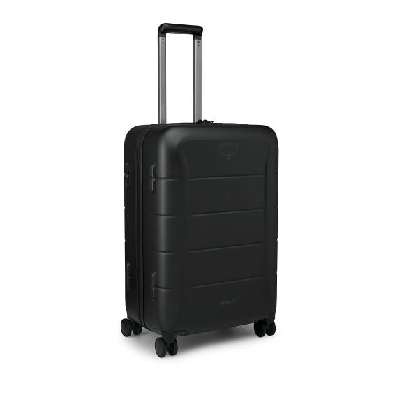 The images show a sleek black hard-shell suitcase with four spinner wheels and a telescoping aluminum handle. The front panel is minimally styled with horizontal ridges and a small Osprey logo near the top, with "Ozone 75" marked near the bottom. Side and