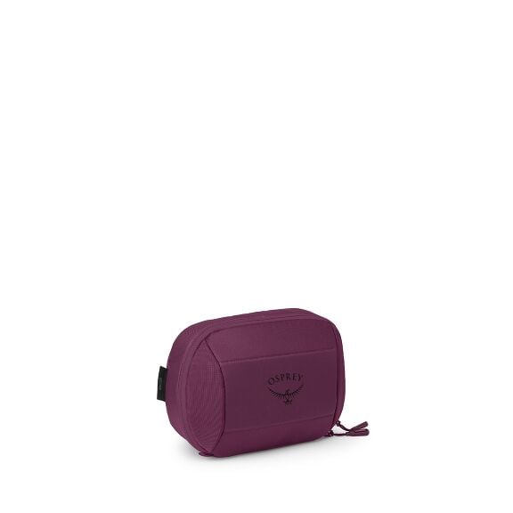 A small, zippered pouch is shown from several angles against a plain white background. The bag is a rich purple color with a minimalist, rectangular shape and rounded edges. On the front panel, the Osprey logo is printed in black. Some views display the m