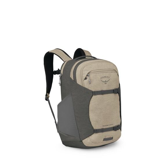 The image shows an Osprey Proxima Earth backpack in a two-tone beige and dark gray colorway. It has a streamlined, boxy shape with multiple zippered compartments, a small front zip pocket with the Osprey logo, and side stretch pockets. Compression straps 