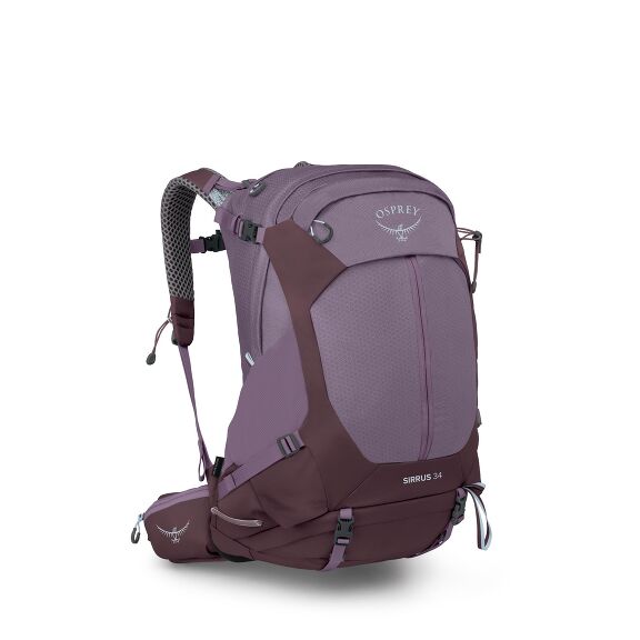The image depicts a purple Osprey backpack with a sleek design. The backpack features multiple compartments and straps, including a front pouch and a padded hip belt for enhanced comfort and support. The Osprey logo, featuring a stylized bird motif, is pr