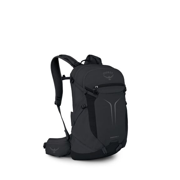 The image displays a sleek, dark gray Osprey backpack designed for outdoor activities. The backpack features multiple compartments with zippers, a mesh front section, and adjustable padded shoulder straps for comfort. There is also a waist strap with a sm