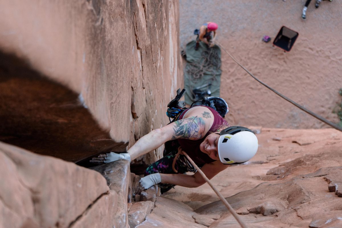 A woman rock climbing