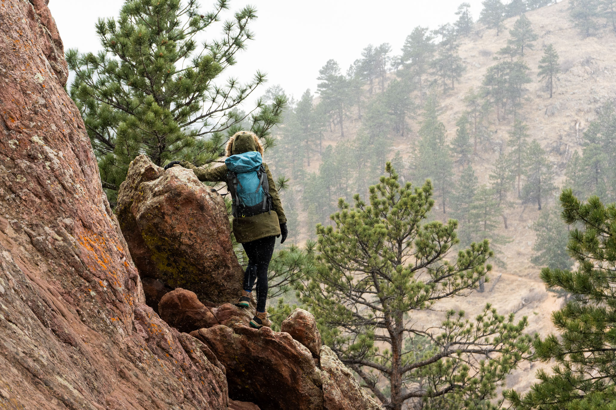 A person leans against a rock, back to the camera, looking into a canyon.